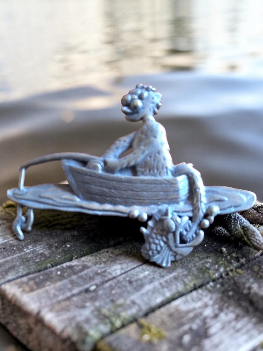 Vintage Pewter "Boy Gone Fishing In A Boat" Brooch-RARE
